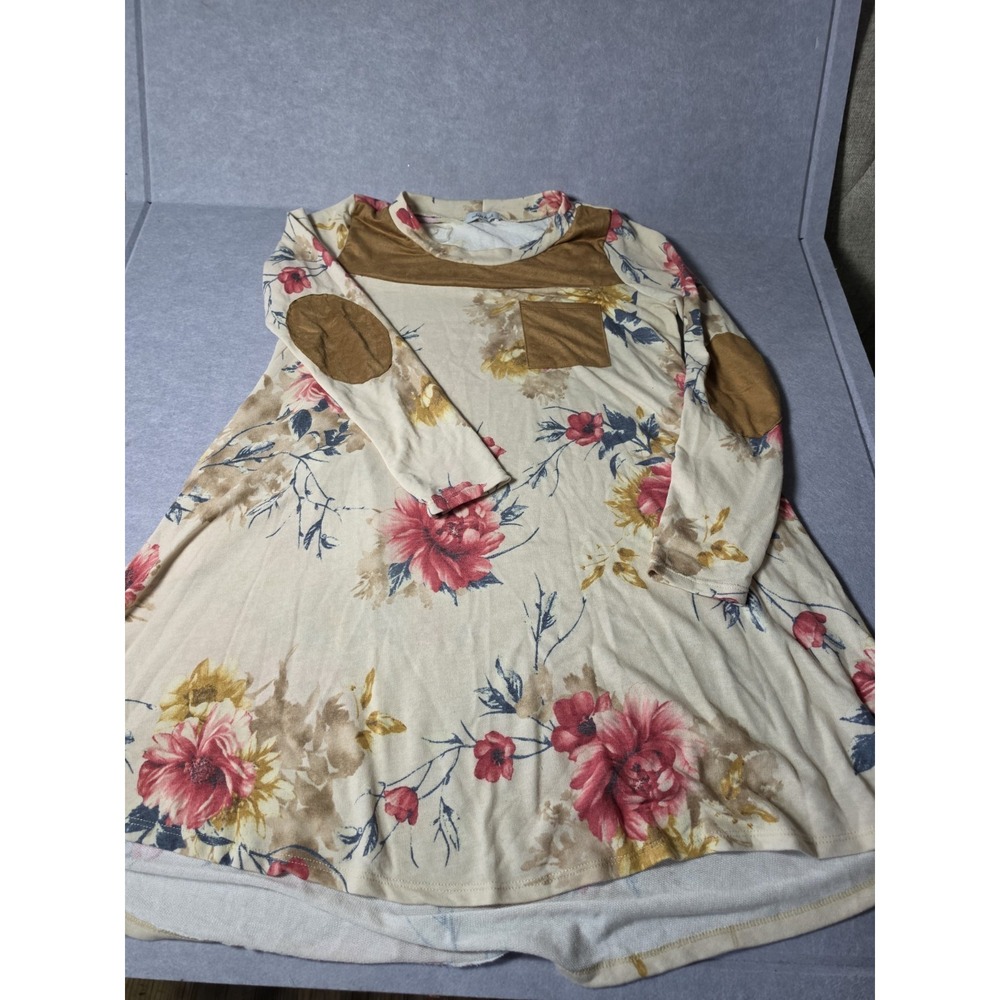 White Birch Women SZ S Floral Dress Pockets Suede Accents Ivory Pink